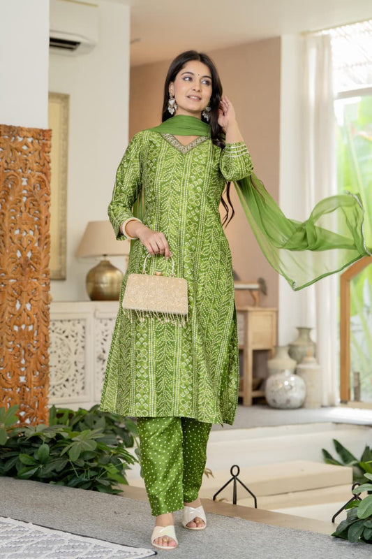 Green Bandhani Gota Kurta Set