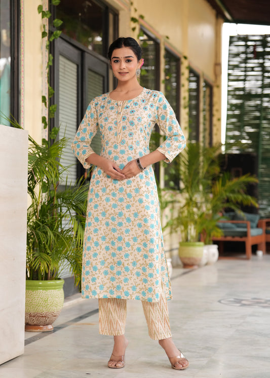 Cream Floral Cotton Straight Kurta Set