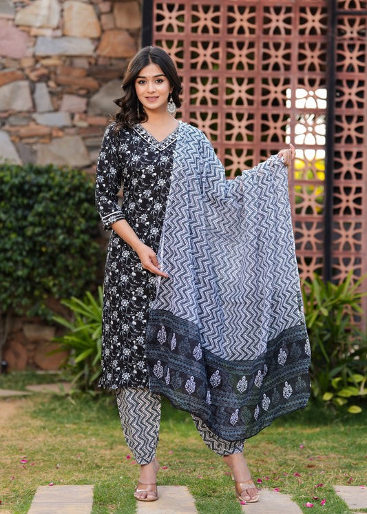 Black Floral V-Neck Afghani Kurta Set