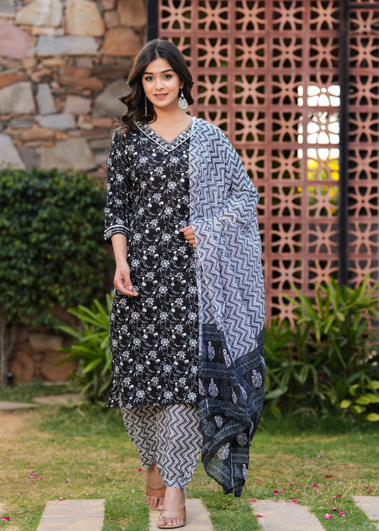 Black Floral V-Neck Afghani Kurta Set