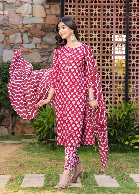 Maroon Floral Booti Print Kurta Set