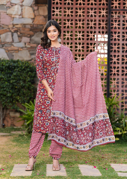 Maroon Floral Printed Kurta Set