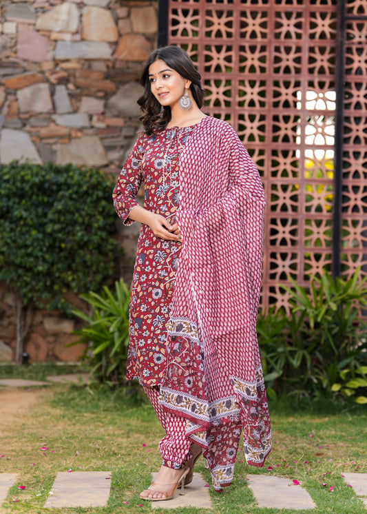 Maroon Floral Printed Kurta Set