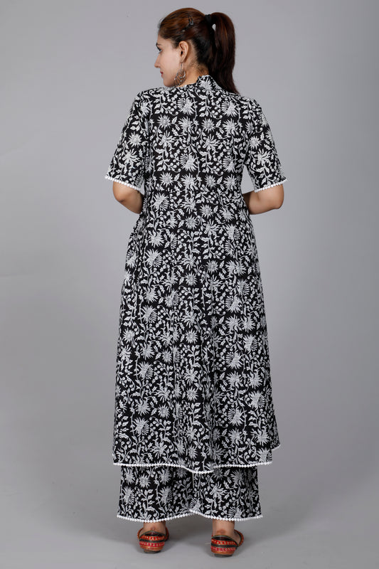 Black Floral Print Kurta Palazzo Set