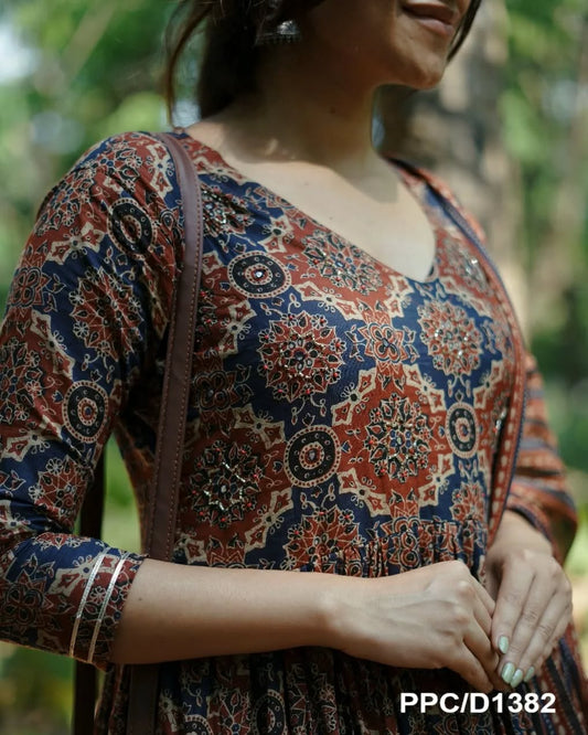 Maroon Ajrakh Print Anarkali Kurta Set