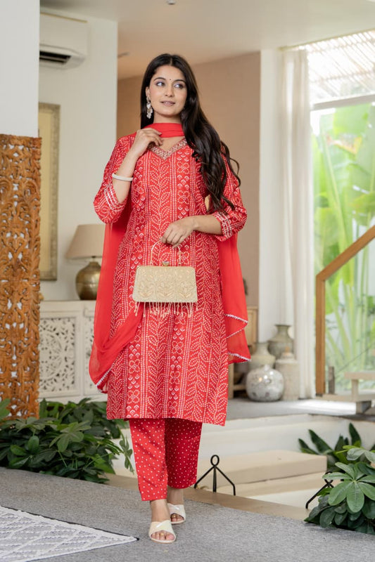 Red Bandhani Gota Kurta Set