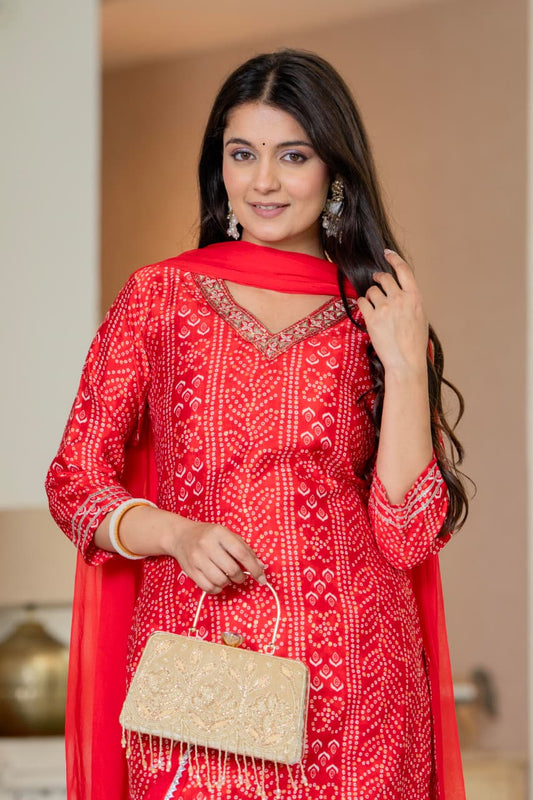 Red Bandhani Gota Kurta Set