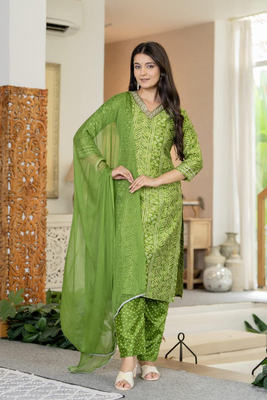 Green Bandhani Gota Kurta Set