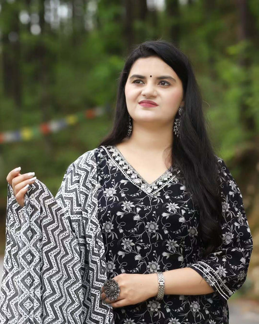 Black Floral V-Neck Afghani Kurta Set