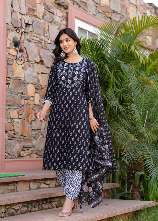 Black V-Neck Printed Ethnic Kurta Set