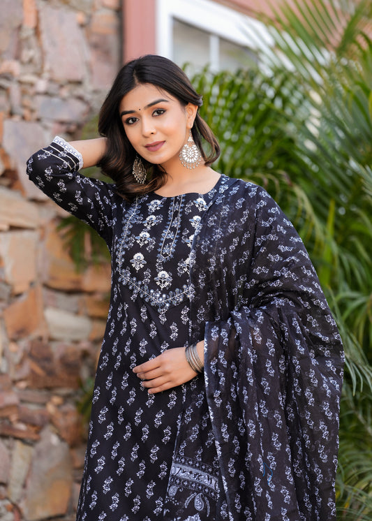 Black V-Neck Printed Ethnic Kurta Set