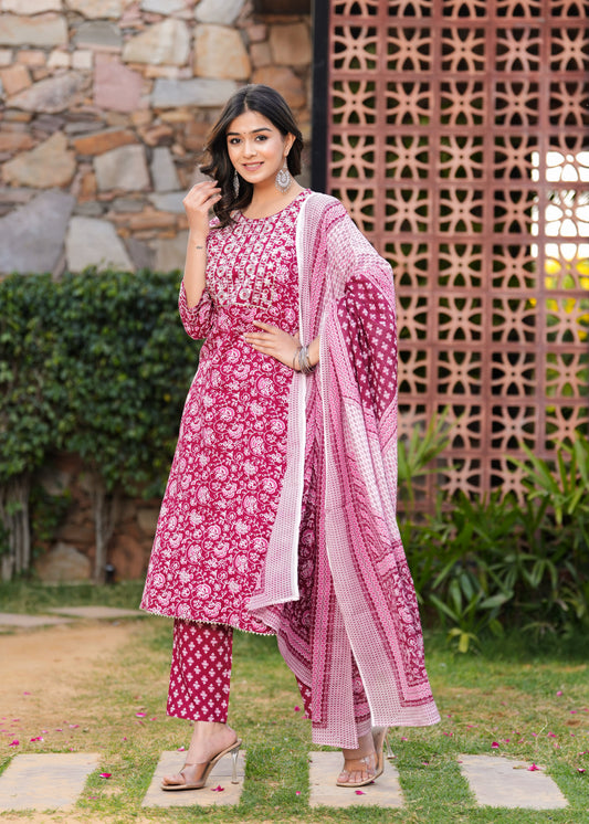 Burgundy Floral Yoke Work Kurta Set