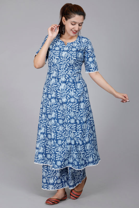 Blue Floral Print Kurta Palazzo Set
