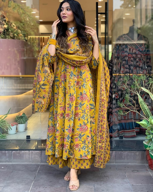 Mustard Floral Printed Kurta Set