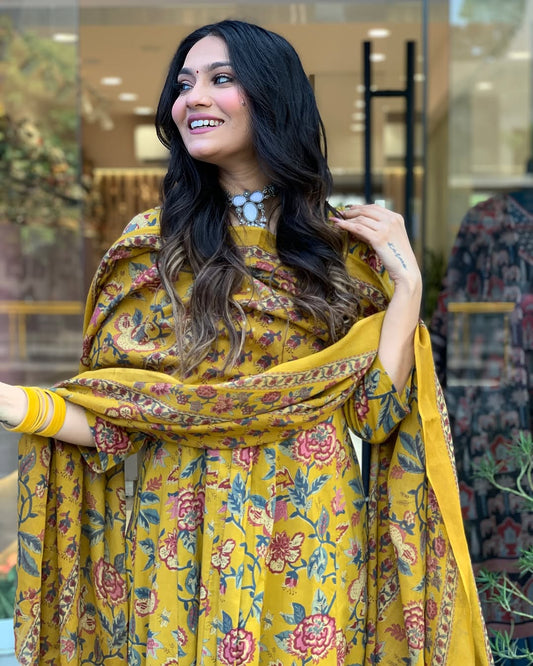 Mustard Floral Printed Kurta Set