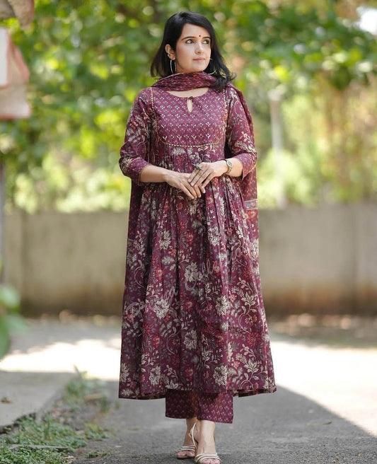 Wine Floral Print Flared Kurta Set