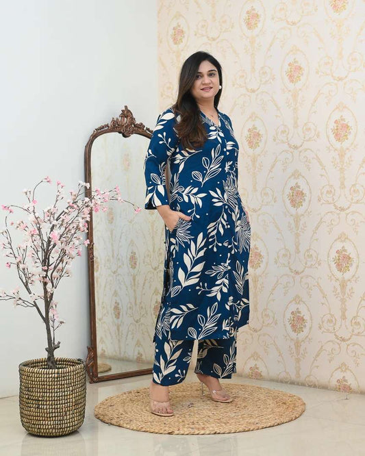 Deep Teal Leafy Kurta Set